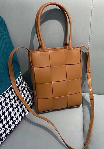 Mia Woven Smooth Leather Shoulder Tote Camel
