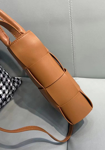 Mia Woven Smooth Leather Shoulder Tote Camel