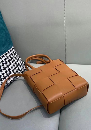 Mia Woven Smooth Leather Shoulder Tote Camel