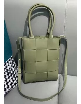 Mia Woven Smooth Leather Shoulder Tote Green