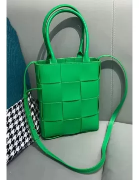 Mia Woven Smooth Leather Shoulder Tote Green Parakeet