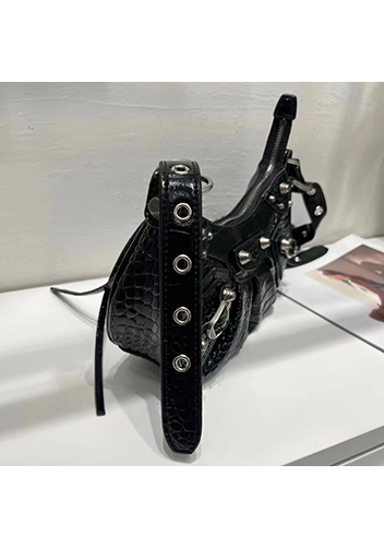The Route 66 XS Studded Croc-effect Leather Shoulder Bag Black