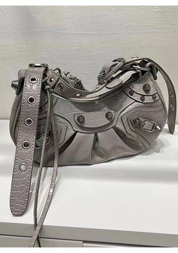 The Route 66 XS Studded Croc-effect Leather Shoulder Bag Grey