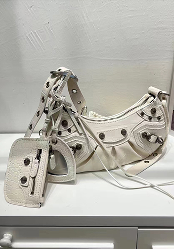 The Route 66 XS Studded Croc-effect Leather Shoulder Bag White