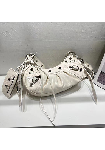 The Route 66 XS Studded Croc-effect Leather Shoulder Bag White