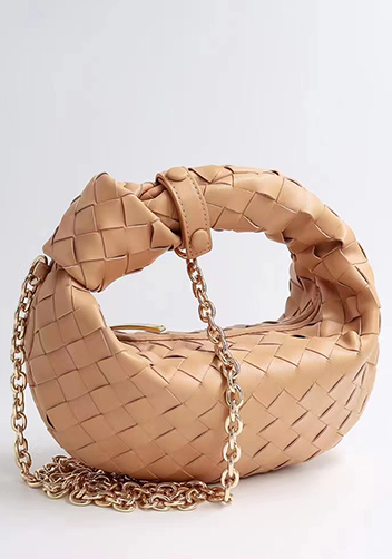 Dina Small Knotted Intrecciato Leather Tote Chain Apricot