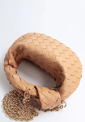 Dina Small Knotted Intrecciato Leather Tote Chain Apricot