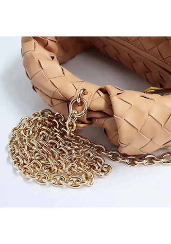 Dina Small Knotted Intrecciato Leather Tote Chain Apricot