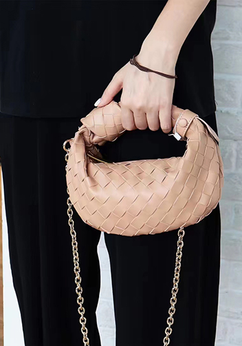 Dina Small Knotted Intrecciato Leather Tote Chain Beige