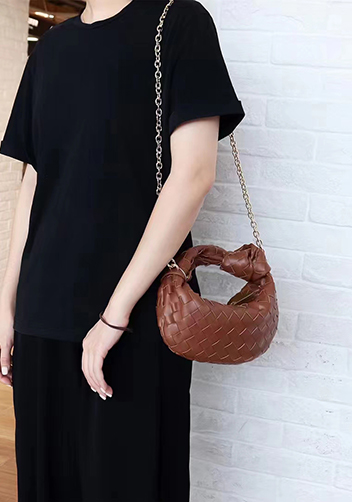 Dina Small Knotted Intrecciato Leather Tote Chain Brown
