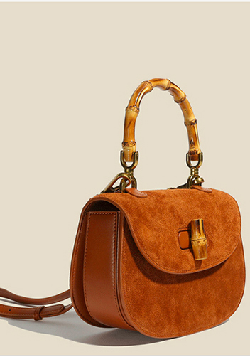 Miss Gaga Top Handle Flap Suede Bag Camel