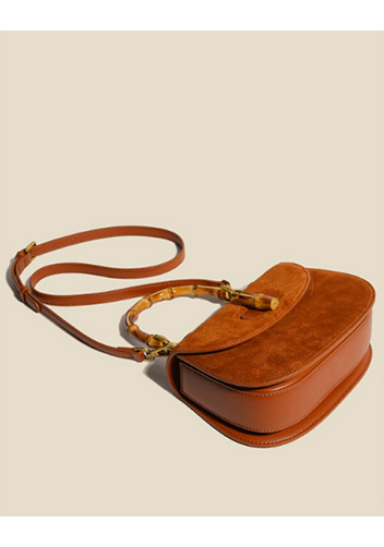 Miss Gaga Top Handle Flap Suede Bag Camel