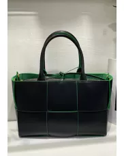 Mia Woven Leather 6 Squares Tote Black Green