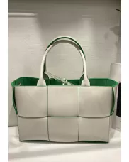 Mia Woven Leather 6 Squares Tote White Green