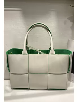 Mia Woven Leather 6 Squares Tote White Green