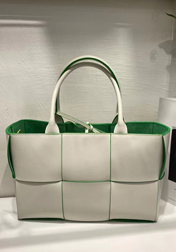 Mia Woven Leather 6 Squares Tote White Green
