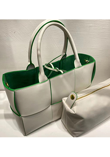 Mia Woven Leather 6 Squares Tote White Green