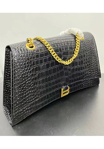 Bonnie Croc Leather Large Chain Shoulder Bag Black