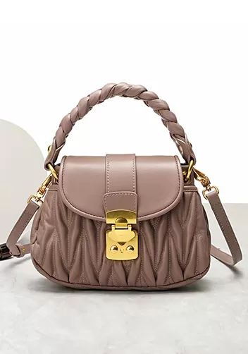 Nina Pleated Leather Top Handle Shoulder Small Bag Beige