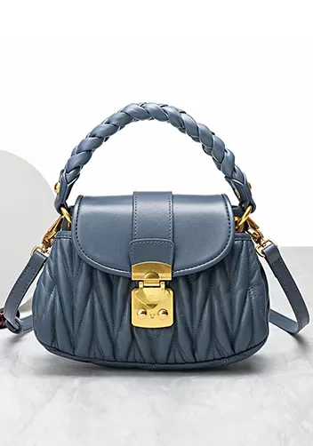 Nina Pleated Leather Top Handle Shoulder Small Bag Blue