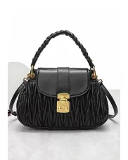 Nina Pleated Leather Top Handle Shoulder Medium Bag Black