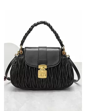 Nina Pleated Leather Top Handle Shoulder Medium Bag Black