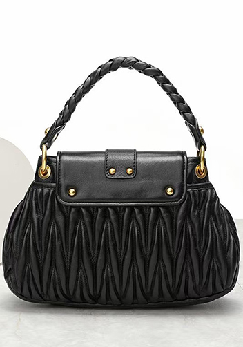 Nina Pleated Leather Top Handle Shoulder Medium Bag Black