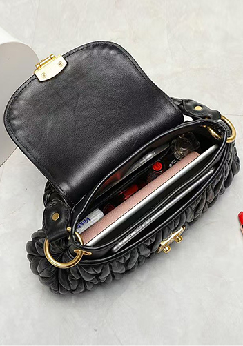 Nina Pleated Leather Top Handle Shoulder Medium Bag Black