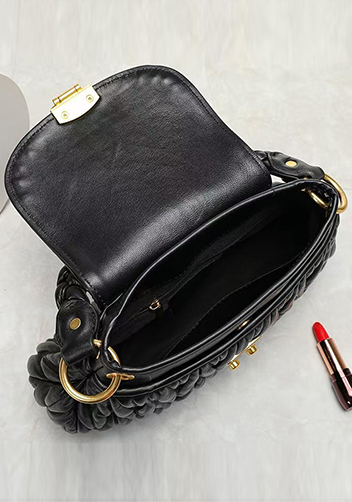Nina Pleated Leather Top Handle Shoulder Medium Bag Black