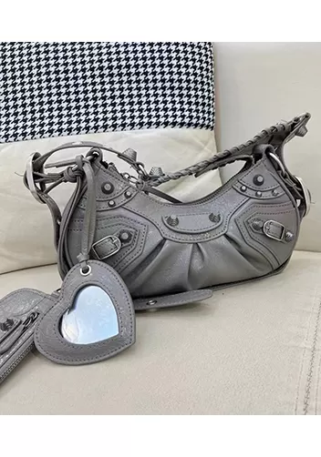 The Route 66 XS Studded Leather Shoulder Bag Grey