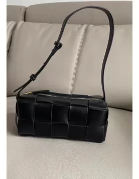 Mia Woven Smooth Leather Medium Shoulder Bag Black