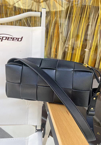 Mia Woven Smooth Leather Medium Shoulder Bag Black