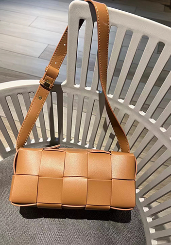 Mia Woven Smooth Leather Medium Shoulder Bag Camel
