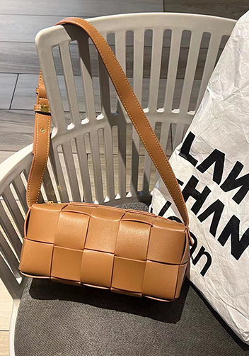 Mia Woven Smooth Leather Medium Shoulder Bag Camel