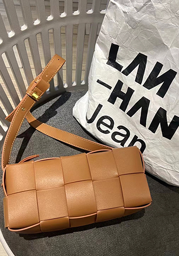 Mia Woven Smooth Leather Medium Shoulder Bag Camel