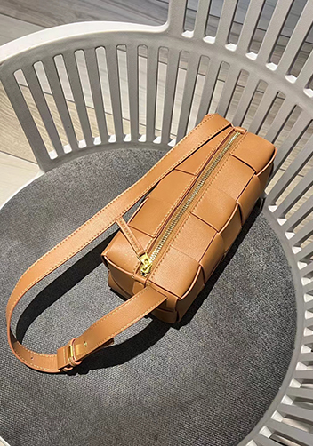 Mia Woven Smooth Leather Medium Shoulder Bag Camel