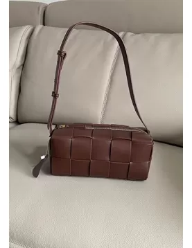 Mia Woven Smooth Leather Medium Shoulder Bag Choco