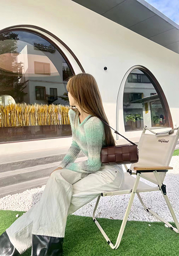 Mia Woven Smooth Leather Medium Shoulder Bag Choco