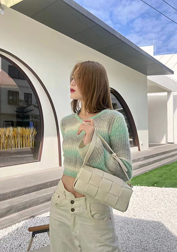 Mia Woven Smooth Leather Medium Shoulder Bag Cream