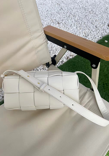 Mia Woven Smooth Leather Medium Shoulder Bag Cream