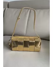Mia Woven Smooth Leather Medium Shoulder Bag Gold