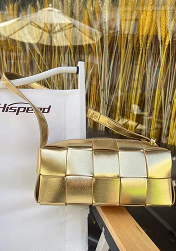 Mia Woven Smooth Leather Medium Shoulder Bag Gold