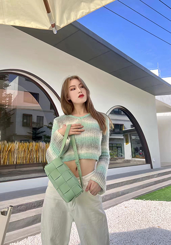 Mia Woven Smooth Leather Medium Shoulder Bag Green