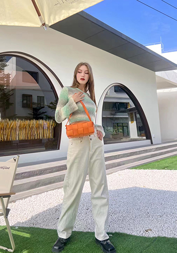 Mia Woven Smooth Leather Medium Shoulder Bag Orange