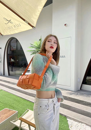 Mia Woven Smooth Leather Medium Shoulder Bag Orange