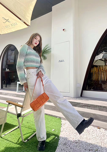 Mia Woven Smooth Leather Medium Shoulder Bag Orange
