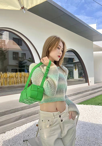 Mia Woven Smooth Leather Medium Shoulder Bag Parrot Green