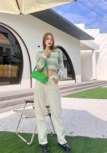 Mia Woven Smooth Leather Medium Shoulder Bag Parrot Green