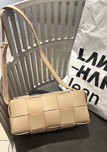 Mia Woven Smooth Leather Medium Shoulder Bag Milk Tea