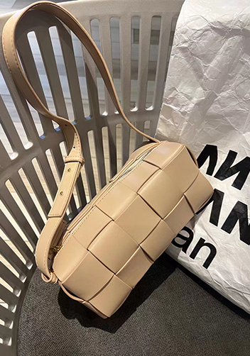 Mia Woven Smooth Leather Medium Shoulder Bag Milk Tea